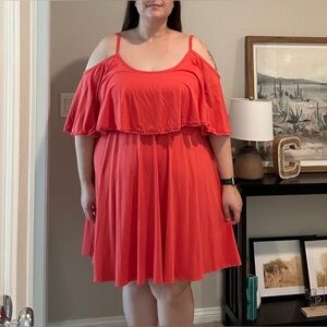 Coral Cold-Shoulder Jersey Skater Dress